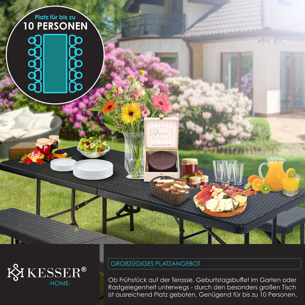 KESSER® Bierzeltgarnitur - 3-teilig Set, Tisch + 2 X Bank, Für Drinnen - Draußen, Klappbar, Tragegriffe, HxBxT: 73x180x75 Cm , Kunststoff, Rattan-Look Gartengarnitur , Klapptisch , Gartentisch, Farbe:Schwarz 9 KESSER® Bierzeltgarnitur - 3-teilig Set, Tisch + 2 X Bank, Für Drinnen - Draußen, Klappbar, Tragegriffe, HxBxT: 73x180x75 Cm , Kunststoff, Rattan-Look Gartengarnitur , Klapptisch , Gartentisch, Farbe:Schwarz – Bild 9