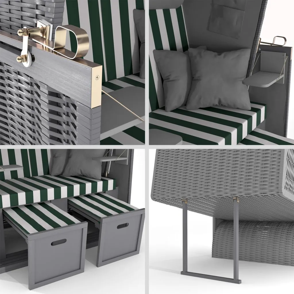 Sanzaro Strandkorb XL120 Cm Deluxe Zweisitzer Holz Und Poly-Rattan Volllieger 4 X Kissen Klappbare Rückenlehne 2 Personen Grün-Weiss Blockstreifen 11 Sanzaro Strandkorb XL120 Cm Deluxe Zweisitzer Holz Und Poly-Rattan Volllieger 4 X Kissen Klappbare Rückenlehne 2 Personen Grün-Weiss Blockstreifen – Bild 11